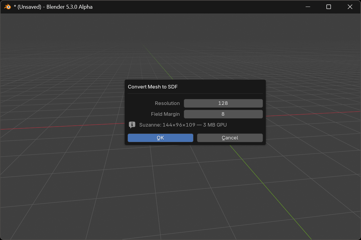the Convert Mesh to SDF dialog with its live memory estimate