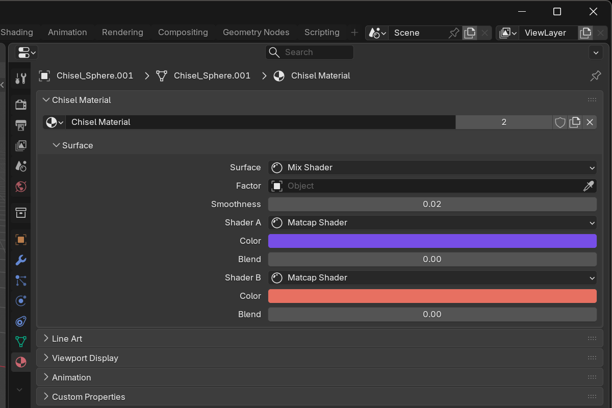 the Surface sub-panel with a Mix Shader: a Factor object, Smoothness, and two Matcap Shaders