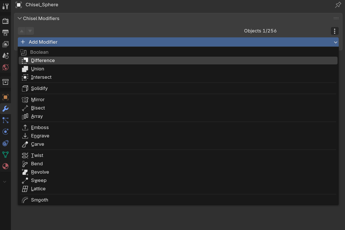 Modifier toolbar / add menu