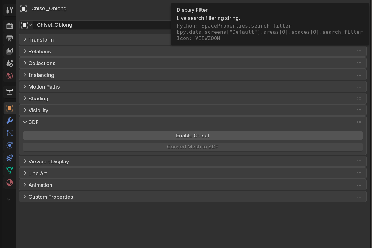 the SDF panel of a plain mesh: Enable Chisel and Convert Mesh to SDF